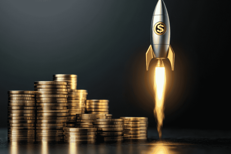 Rocket launching next to stacks of coins, symbolizing financial growth driven by realistic goals.