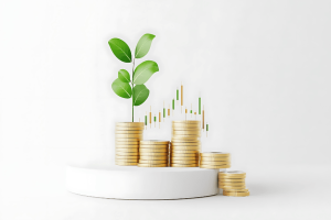 Stacks of coins with a green plant and growth chart symbolizing long-term financial growth through smart budgeting and investing