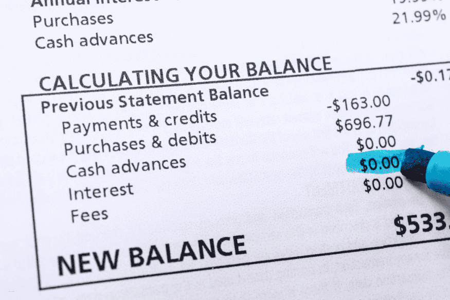 Credit card statement showing balance calculation details, including payments, credits, interest, and cash advances, illustrating how credit card interest is calculated.