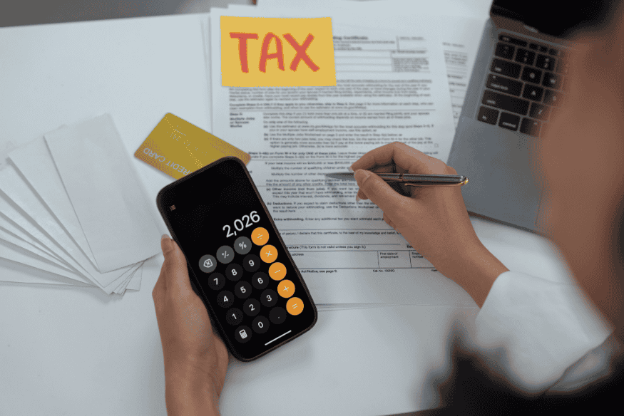 Self-employed person using a phone calculator to review tax documents and payments