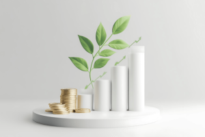 Stacks of coins and growing bar chart with green leaves symbolizing sustainable profit using the Profit First system