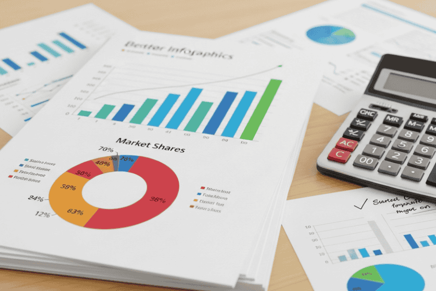 Market share infographics and calculator used to support simple revenue forecasting and planning